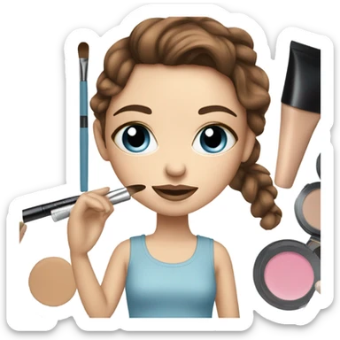 White girl blue eyes brown hair doing her makeup By makeup kit sticker