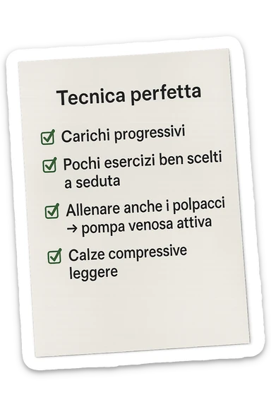 FOGLIO DI CARTA PER L'ALLENAMENTO IN PALESTRA CON LA SCRITTA "Tecnica perfetta
 ✅ Carichi progressivi
 ✅ Pochi esercizi ben scelti a seduta
 ✅ Allenare anche i polpacci → pompa venosa attiva
 ✅ Calze compressive leggere" , IPERREALISTICA 4K sticker