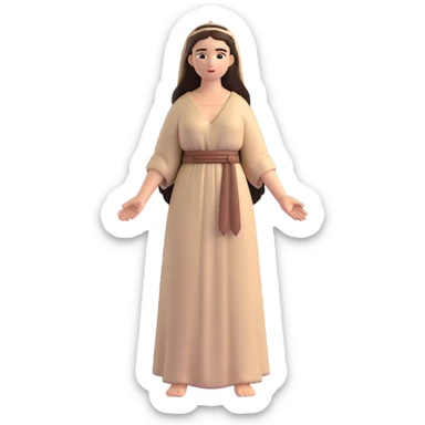 fullbody Mary Magdalene, fit and buxom body, very pretty detailed face, normal height, plain light tan ancient dress, arms down with hands by hips, dark hair sticker