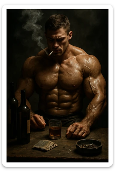 vertical realistic scene of a muscular bodybuilder surrounded by vices such as smoke, alcohol, and other harmful behaviors, dramatic atmosphere, natural details, 2:3 aspect ratio sticker