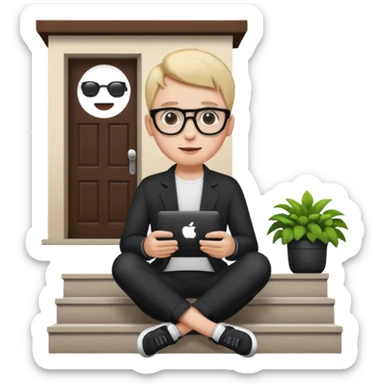 a home which has garden like and the home has slack emoji, where on the house steps, a blob holding black mac should sit and should look like wiork sticker