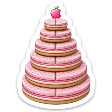 3D render of Wafer Tower, made entirely of dessert materials, glistening sugar crystal texture, grid-patterned beige cookie with pink cream filling, delicious confectionery aesthetic, Apple emoji style, isolated on white background --v 6.0. sticker