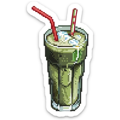 Glass of sugarcane juice with ice cubes, pale green liquid, and a straw sticker