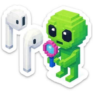 white EarPods headphones with a playful twist, floating in space, with a cartoonish alien examining them sticker