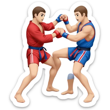 An icon symbolizing Sambo, featuring two fighters in blue and red kimonos with shorts. One executes a powerful throw, while the other attempts a defensive grab. The fighters are engaged in a grapple, using joint locks and sweeps. The background features a wrestling mat/ sticker