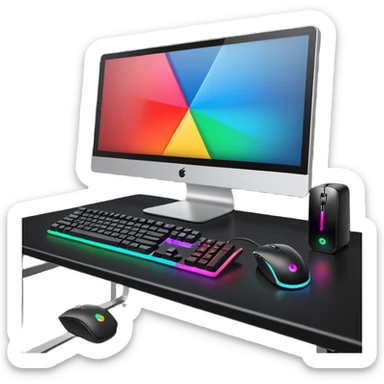 rgb gaming computer on black desk with a black keyboard and mouse sticker