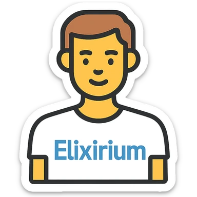 man wearing white t-shirt with the word 'Elixirium' written on the t-shirt, colorful outline icon style sticker
