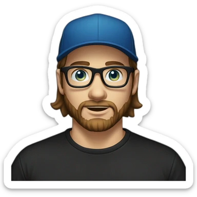 guy with straight long brown hair and blue eyes and transparent glasses and with beard and wears black tshirt and wears black cap sticker