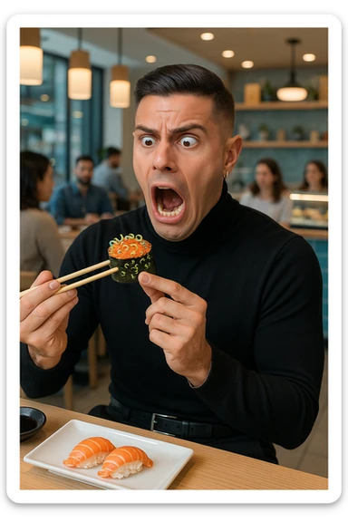 a man in casual clothes is about to eat a salmon gunkan at a sushi restaurant. As he brings it closer, he spots tiny parasites and bacteria wriggling on the fish. His face contorts in a dramatic expression of shock and alarm, with his hand frozen mid-air. The setting is a modern sushi bar, with other diners in the background unaware of the situation. sticker