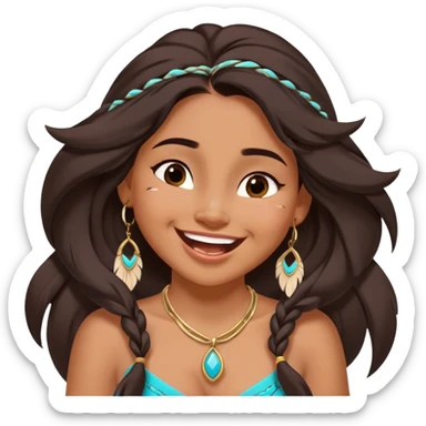 Cinematic Adorable Pocahontas Portrait Emoji, Laughing softly as Meeko tugs at her necklace, hair tousled in the wind, eyes full of warmth, a carefree spirit shining through, capturing the essence of beauty and playfulness! sticker