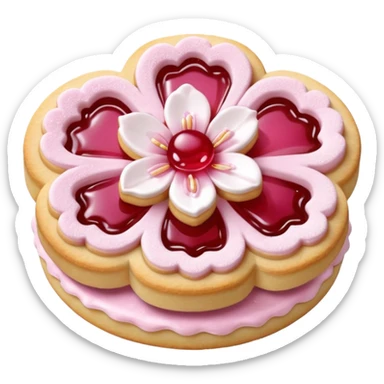 Realistic shortbread cookie in the shape of a cherry blossom with pale pink color jelly middle filling and sprinkled powder sugar on top. sticker