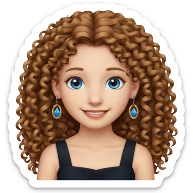 Girl with long light brown curly hair, blue eyes, black dress, hoops earrings. sticker