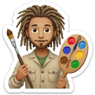 man artist with dreadlock, holding painter and color pallete sticker