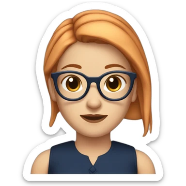 white girl with dark blue red hair with ponytail and glasses with a black top sticker