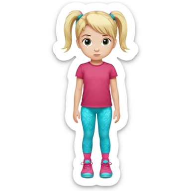 Little girl with blonde hair in ponytail with pink hair tie, wearing red t-shirt and turquoise patterned pants, light socks, serious facial expression sticker