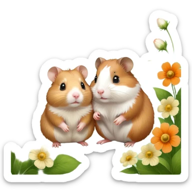 Icon for Hamster and Guinea Pig: A portrait-style collage with a fluffy hamster with soft fur, looking curious, and a friendly guinea pig with long, smooth fur, both on a soft green background with flowers and soft light. Transparent background. sticker