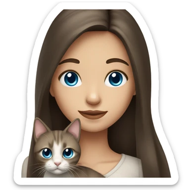 long hair brunette girl with blue eyes holding cat sticker