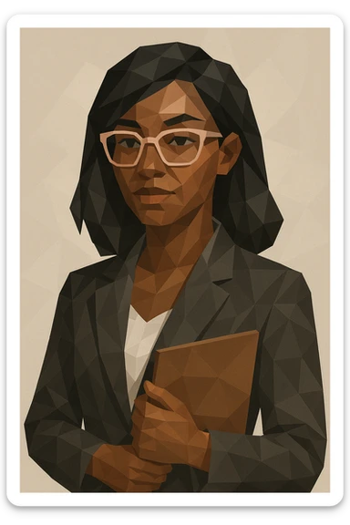 brown-skinned working woman with black hair and light pink eyeglass frames, professional attire, neutral background, modern illustration style sticker