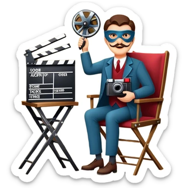 Icon for Acting: a theatrical mask, stage lights, a director’s chair, a script, a movie camera and a clapperboard, representing the craft of acting in theater and film. Famous actor-star. The design should reflect creativity, performance, and storytelling. Transparent background. sticker