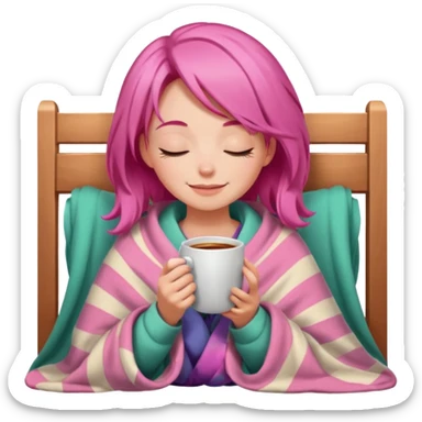 girl inside a blanket sipping coffee eyes closed pink hair sticker