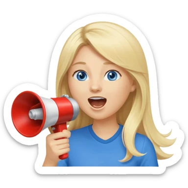  blue eyes blonde girl yelling into megaphone smiling long hair sticker
