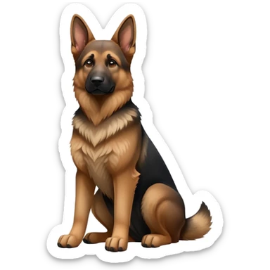 cinematic-[german shepherd]-realistic-full-body-sitting-emoji,-tail-resting-loosely-beside-its-paws,-head-tilted-dramatically,-sleek-[brown and black]-fur,-simplified-yet-realistic-focused-features,-highly-detailed,-glowing-with-an-almost-sarcastic-glow sticker