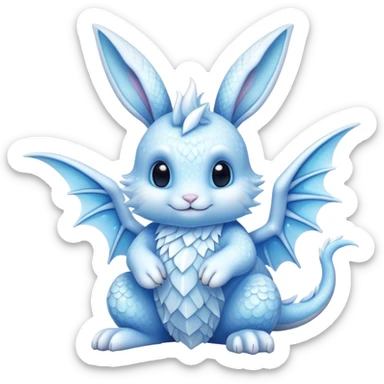 A cute bunny-dragon hybrid creature with ice crystals, rabbit ears, dragon wings and tail made of ice sticker