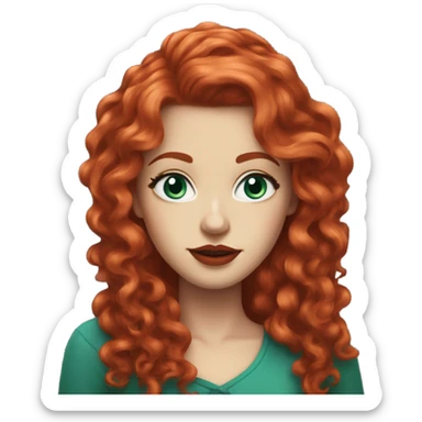 straight long curly red hair, tomato red lipstick, blue-green bright eyes, white skin and a very small sharp nose sticker