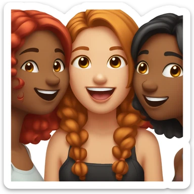3 girls: one honey brown, black and red hair one making a kissy face, one giving a playful cheek kiss, and one smiling widely. Show a fun, happy vibe of friendship sticker