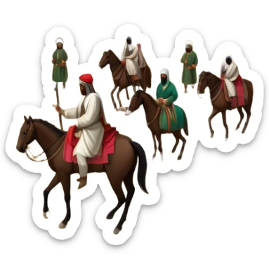 Early Ottoman settlement being built. Wooden houses, tents, and a small market. People in traditional Ottoman clothes, soldiers on horseback, and a flag waving sticker