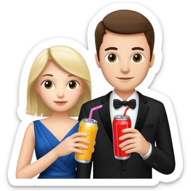 husband and wife at wedding holding energy drinks sticker