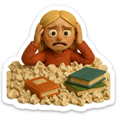 claymation style blonde straight-haired girl in survival mode, surrounded by crumpled papers and books, last month of school sticker