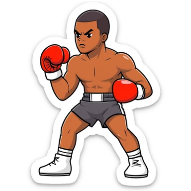 Full body view of a young 19-year-old lightweight Black male boxer in fighting stance, lean athletic physique, boxing gloves raised sticker