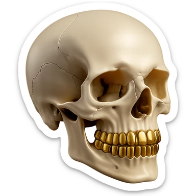 Add gold teeth to the 3d realistic skull, keep the white bone and dramatic lighting, with no background. sticker