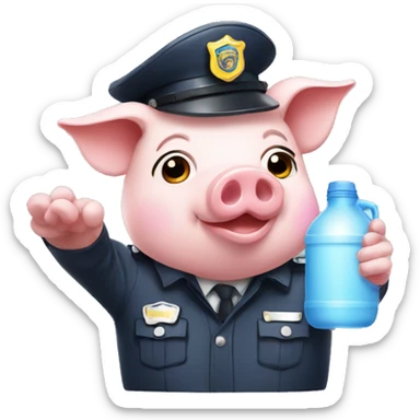pig in police outfit with plastic jug touching head sticker