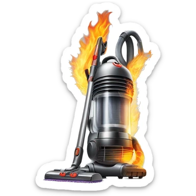 A realistic Dyson Vacuum cleaner holding a sword on fire  sticker