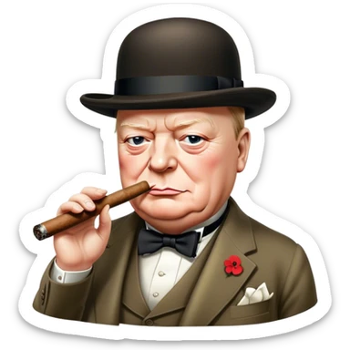 Cinematic Realistic Winston Churchill Portrait Emoji, depicted as a resolute British statesman with a signature bowler hat and a cigar, exuding determined leadership and wartime valor, rendered with lifelike textures and dramatic vintage lighting that captures his iconic British spirit. sticker