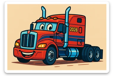 cartoon semi truck 2026 Kenworth W680 flattop sleeper with chrome stacks, cheerful and dynamic sticker