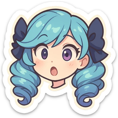 Gwen from League of Legends, chibi style, just the head, right eye purple, surprised expression sticker