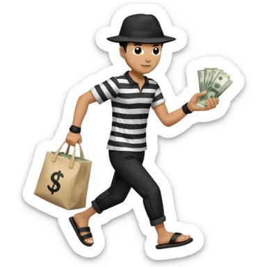 Make a man wear a black pant and he shirt is balck line and white line and wear a black hat and he holding a money bag and he running he wear a black eye thing no money in the Left hand and he yellow and the money bag in the right he wear a flip flop like this is Money bag 💰 NO MONEY sticker