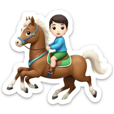 l little chinese baby riding on a  cute horse running really fast on the grass with 2026 year's label sticker