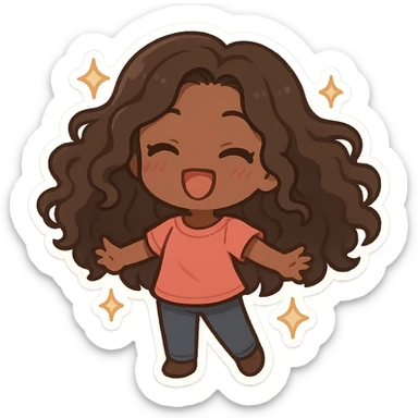 chibi anime style, Black girl with long curly hair, hair waving, smiling, sparkles around, white background sticker