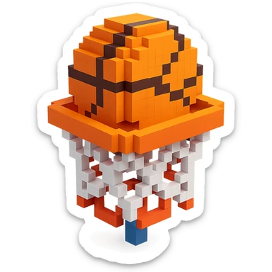 A voxel-style basketball in a net, no background. sticker