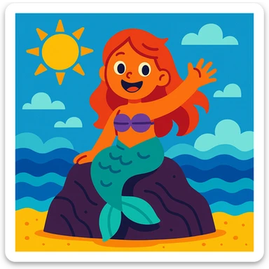 A cheerful little mermaid sitting on a rock, waving to the viewer, with a big smile, in a colorful illustration style. sticker