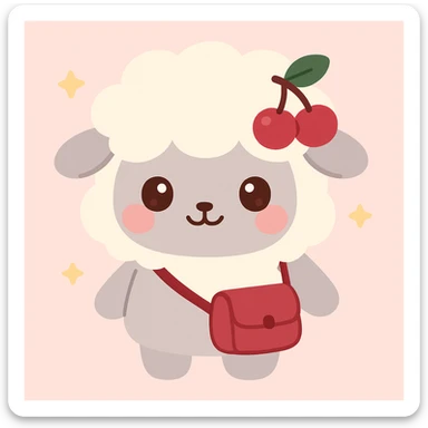 kawaii sheep with creamy white wool, pastel gray body, cherry pink blush, dark brown eyes with highlights, cherry hair clip deep cherry red green leaf, cherry red satchel accessory sticker