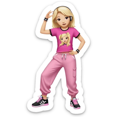 Hiphop dancer, with cute big pants, sneakers, and t-shirt. White girl blond. Coloufull shirt. No pocket pants. Dancing. No orange. Pink and black. No sweatband on the wrist, music box behind her sticker