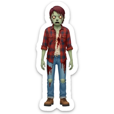 Local alaskan who has turned it zombies in the style of the walking dead, with rotting flesh and dripping blood but distinctively Alaskan. In the style of your bleeding skull art but Alaskan zombie. Full body sticker