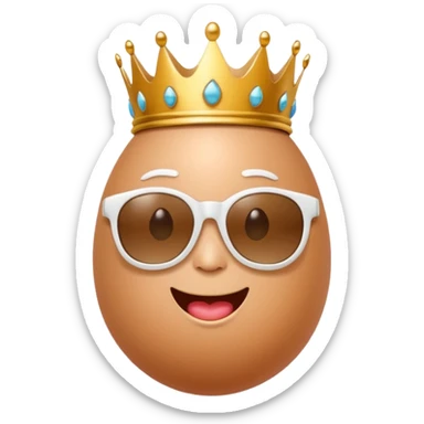a funny, proud cartoon-style egg character wearing sunglasses and a small crown, solid orange background. sticker