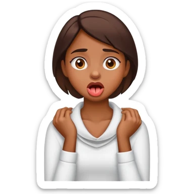 a girl with her hands on her neck like she is choking her self with one eye twitching and he tongue  is out with brown skin sticker