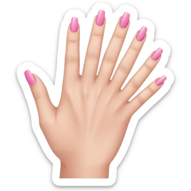  pink  close-up of a human hand with exactly five fingers, beautifully manicured nails, glossy pink nail polish, elegant nail shape, soft lighting, realistic style, isolated on transparent background" sticker